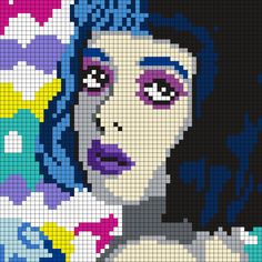 an image of a woman with blue hair and purple eyes in pixellated art style