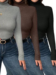 Plus Size 3-Pack Solid Color Turtleneck Long Sleeve Minimalist Sweater In Caramel, Black, And Gray, Casual Wear For Autumn/Winter Thanksgiving Women Outfit Multicolor Casual    Plain Basic Tops Medium Stretch  Women Plus Clothing, size features are:Bust: ,Length: ,Sleeve Length: Thanksgiving Women Outfit, Minimalist Sweater, Bodycon Sweater, Bodycon Sweater Dress, Casual Outwear, White Bodycon, Pu Leather Jacket, Ladies Turtleneck Sweaters, Turtleneck Long Sleeve