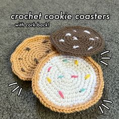 crochet cookie coasters with confetti and sprinkles on them