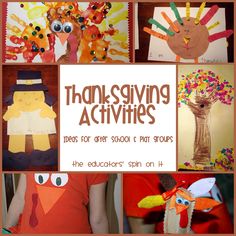 a collage of thanksgiving activities including turkeys, handprints and paper plates