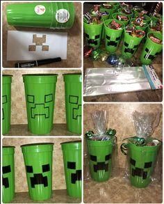 several pictures of green cups with faces on them