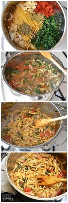 three pictures showing different types of food being cooked in pans on the stove top