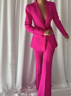 Interview Fits, Makeup Images, Tv Interview, Pant Suits, Pink Suit, Custom Made Clothing, Color Fuchsia, Wool Blend Jacket, Flared Pants