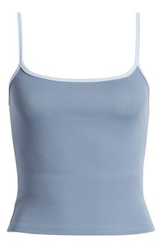 This close-fitting tank is crafted in a cropped silhouette with contrasting trim. Scoop neck Adjustable straps 95% cotton, 5% spandex Machine wash, dry flat Imported Blue Tank Top Outfit, Tight Tank Top, Tank Top Outfits, Contrasting Trim, Cute Tank Tops, Summer Crop Tops, Crop Tank Top, Summer Tank Tops, Blue Tank Top