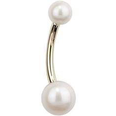 a pair of white pearls hanging from the end of a navel piercing ring in sterling steel