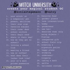 a purple poster with the words witch university written in black and white on it's side