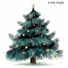 a watercolor christmas tree with ornaments on it and the words 9 jpg files