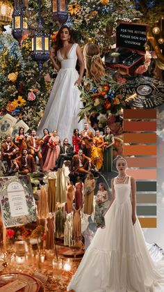 a collage of photos with people dressed in wedding gowns and other things on display