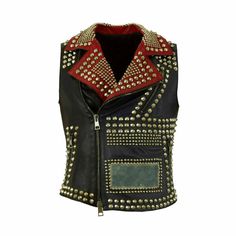 New Mens Black Red Silver Rivet Studded Punk Unique Cowhide Biker Leather Vest on Storenvy Studded Leather Vest, Crazy Clothes, Punk Leather Jacket, Punk Clothes, Leather Biker Vest, Studded Leather Jacket, Studded Jacket, Duck Dynasty, Handmade Leather Shoes