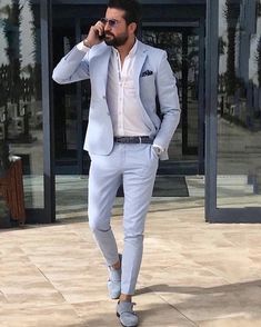 Men Suits Blue, Blue Linen Suit, Beach Wedding Suits, Mens Wedding Suits, Terno Slim, Blazer Outfits Men, Slim Fit Suit Men, Formal Men Outfit