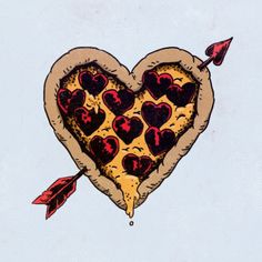 a heart shaped pizza with hearts on it and an arrow sticking out of the top