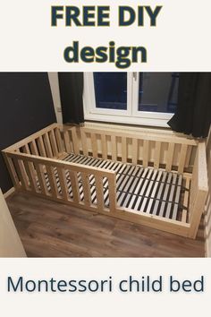 a wooden bed frame with the words montessori child bed on it's side