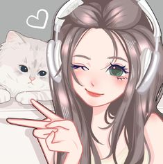 a girl with headphones and a cat on her shoulder is pointing to the side