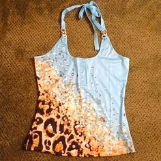 Light Blue, Gold, Tan And Black Floral Tank Top With Metal Chain Detailing And Tie, Size L But Fits Like A Medium. Armpit To Armpit Measures 17 Inches, Length Approximately 19-1/2 Inches. Polyester. Fun Tank Tops, Silly Outfits, Hippie Tank Tops, Unique Tank Tops, Blue Peplum Top, Dr Wardrobe, Y2k Fits, Clothes Board, 2000s Clothes