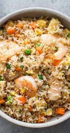 rice with shrimp and vegetables in a bowl