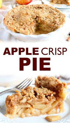 an apple crisp pie on a plate with a fork in it and the rest of the pie