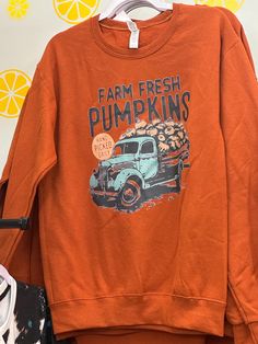 Get ready for Fall with our Farm Fresh Pumpkin Truck Graphic Sweatshirt. Unisex Fit Fast Shipping Fall Cotton Sweatshirt With Screen Print, Cotton Sweatshirt With Screen Print For Fall, Casual Screen Print Sweatshirt For Fall, Casual Fall Sweatshirt With Screen Print, Casual Sweatshirt With Screen Print For Fall, Fall Cotton Sweater With Screen Print, Pre-shrunk Relaxed Fit Fall Sweatshirt, Relaxed Fit Sweatshirt For Fall, Fall Cotton T-shirt