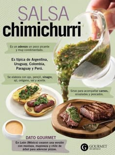 an advertisement for salsa chimicchuri on a plate with bread and sauce in it