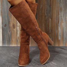 Category:Boots; Upper Materials:Synthetics; Season:Winter,Fall; Heel Type:Chunky Heel; Gender:Women's; Toe Shape:Round Toe; Type:Knee High Boots; Style:Minimalism,Casual; Heel Height(inch):>5; Outsole Materials:Rubber; Occasion:Daily; Closure Type:Zipper; Pattern:Solid Colored; Listing Date:11/09/2022; Production mode:Self-produce; 2023 Trends:Plus Size,Suede Shoes; Foot Length:; Foot Width:; Size chart date source:Provided by Supplier.; US Size:null; UK Size:14.5; EU Size:50 Retro Heels, Brown Maxi Dresses, Keep It Going, High Heel Stiefel, High Heels Boots, Knee High Heels, Chunky Shoes, How To Hem Pants, Casual Heels