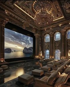 an ornately decorated home theater with large windows