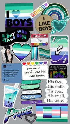 an assortment of stickers and magnets with the words boys, i like who like boys