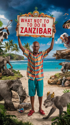 a man holding up a sign that says what not to do in zanibar