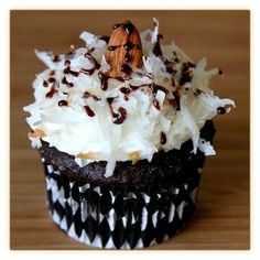 a cupcake with white frosting and chocolate sprinkles, topped with coconut