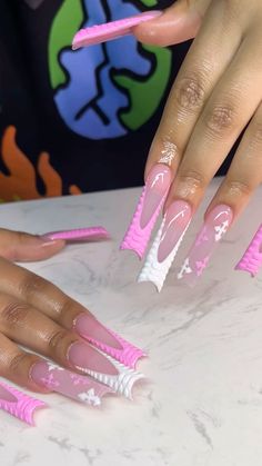 Long Acrylic Nails Designs Ideas Baddie, Xl Nails Acrylic, Pink Xl Nails, Xl Long Acrylic Nails, Summer Nails Colors Designs, Cross Nails, Tapered Square Nails, Acrylic Nail Set, Long Acrylic Nail Designs