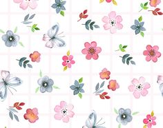 an image of flowers and butterflies on a checkered background in pastel pinks, greys, and greens