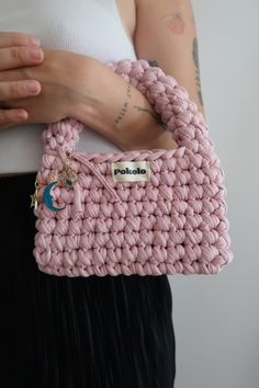 Crochet mini hand bag with charm Trendy Crochet Top Handle Bag With Handles, Trendy Crochet Top Handle Bag, Trendy Small Handmade Bag, Chunky Crochet Bag, Mini Hand Bag, Chunky Crochet, Hand Bag, Crochet Bag, Purses And Handbags