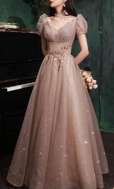 A-Line Prom Party Dress Sparkle & Shine Dress Prom Valentine‘s Day Floor Length Short Sleeve V Neck Tulle with Sequin 2024 2024 - $115.99 Sleeved Prom Gowns, Evening Dress With Sleeve, Elegant Purple Gown, Magical Prom Dress, Evening Gown Ideas, Prom Gowns With Sleeves, Pink Gown Elegant, Classy Birthday Dress, Evening Dresses Elegant Glamour