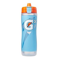 the gatorade water bottle is blue and orange