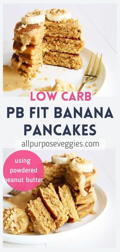 low carb pb fit banana pancakes on a white plate with text overlay