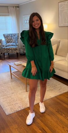 Southern Belle Outfit, Southern Dresses, Green Aura, Dress And Sneakers Outfit, Sneakers Outfit Casual, High School Outfits, Work Fits, Short Kurti, Dinner Dress