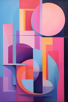 an abstract painting with different colored shapes and lines on it's surface, including circles