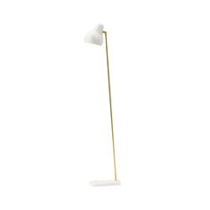 a floor lamp with a white shade on it's head and a gold base