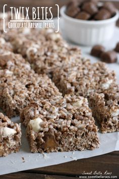 chocolate rice krispy treats cut into squares and stacked on top of each other