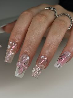 Pearlescent Nail Designs, 3d Nails Square, Square 3d Nails, Nail Ideas 3d, Pink 3d Nails, Nails Square Design, Aries Birthday Nails, 3d Nails Acrylic, Birthday Nails Square