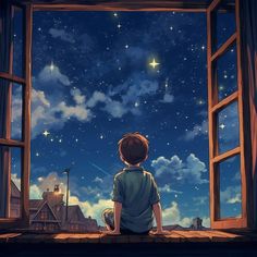 a boy looking out an open window at the stars