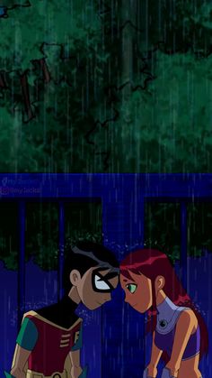 two cartoon characters standing in the rain with their faces touching each other's noses