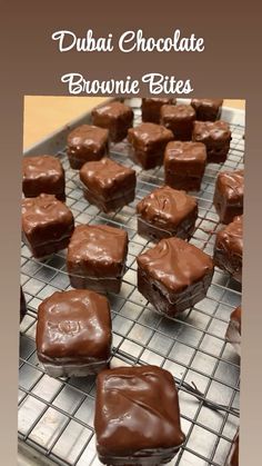 chocolate brownie bites on a cooling rack with the words, dubai chocolate brownie bites