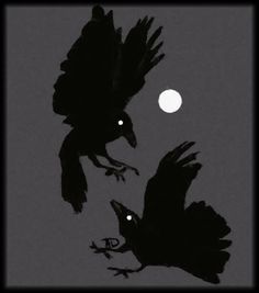 two black birds flying in the sky at night with one bird on it's back