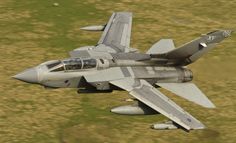 a fighter jet flying through the air over a lush green field next to a forest