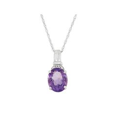 Add a beautiful touch to your ensemble when you wear this captivating amethyst and diamond accent pendant. Click on this JEWELRY & WATCHES GUIDE to learn about fit, styles, materials and more!PENDANT DETAILS Pendant length: .68 in. Chain length: 18 in. Clasp: spring-ring Metal: rhodium-plated sterling silver STONE DETAILS Stone type: genuine amethyst Shape: oval Setting: prong DIAMOND DETAILS Total weight: less than 1/10 ct. Shape: round Color grade: I-J Clarity: I2-I3 Setting: prong Image(s) ma Elegant Purple Oval Pendant Necklace, Classic Amethyst Pendant Necklace, Classic Oval Amethyst Necklaces, Elegant Amethyst Birthstone Necklace With Round Pendant, Lavender Gemstone Necklace For Formal Occasions, Classic Amethyst Oval Pendant Necklace, Classic Amethyst Necklace For Gift, Formal Amethyst Birthstone Necklace, Elegant Purple Pendant Birthstone Necklace