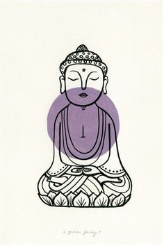 a drawing of a buddha statue sitting on top of a purple ball in the grass