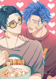 two people with blue hair and glasses are eating some ice cream in front of hearts