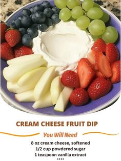 a plate with grapes, strawberries and cream cheese on it is shown in this ad