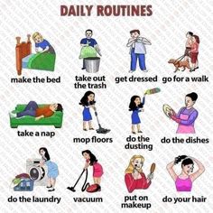 an image of daily routine for people to do in the bathroom and on the bed