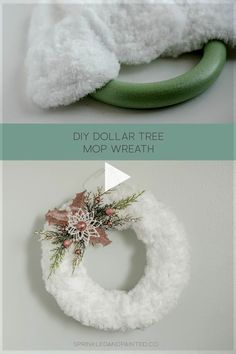 I saw this mop wreath in a Youtube video. Ive watched so many I dont remember who There are so many great DIY Youtubers. Ive had some of my followers ask about videos but thats a job in itself. My shop and Etsy keeps me pretty busy. I commend these video makers as it take. Dollar Tree Christmas Decor, Dollar Store Christmas Crafts, Holiday Wreaths Diy, Fun Wreath, Yarn Wreath, Dollar Store Christmas, Dollar Tree Christmas, Dollar Tree Decor