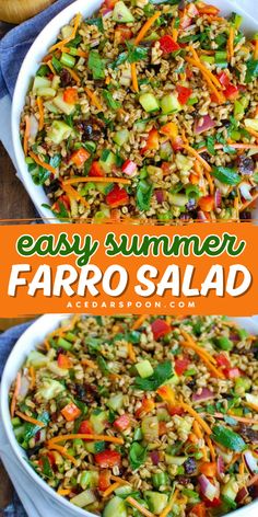 two bowls filled with farro salad and the words easy summer farro salad on top